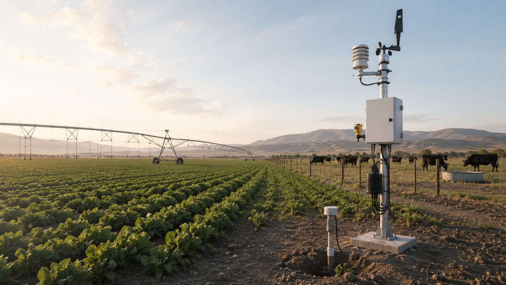 Illustration of enclosed micro-wind units powering irrigation controls at the edge of a cultivated field