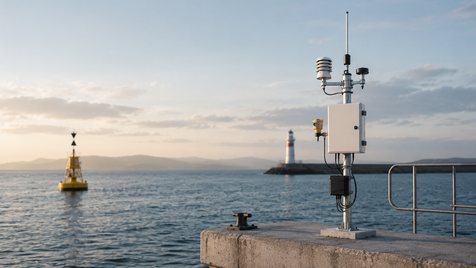 Illustration of an enclosed micro-wind unit on a coastal navigation structure