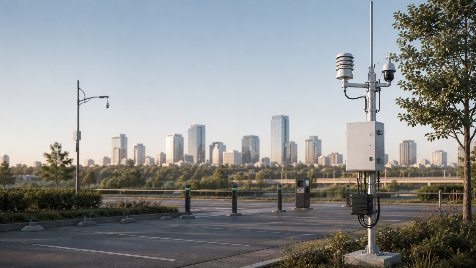 Illustration of an enclosed micro-wind unit powering a road-weather station on a rural highway